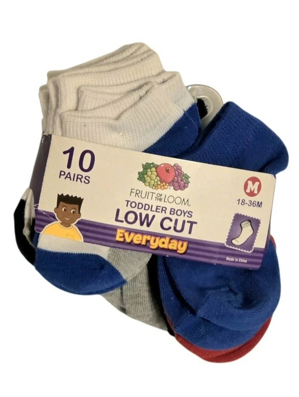NEW Fruit of the Loom 10-Pair Toddler Boys' Low Cut Everyday Socks; 18-36 Months